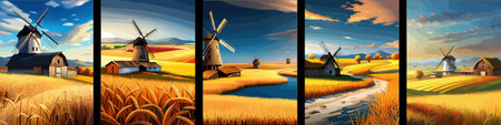 Windmill farm. Wheat field. Agriculture. Flour grinding mechanism. Windmill. Rural Dutch landscape with windmill and wheat field. Vertical format.の写真素材