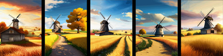 Windmill farm. Wheat field. Agriculture. Flour grinding mechanism. Windmill. Rural Dutch landscape with windmill and wheat field. Vertical format.の写真素材
