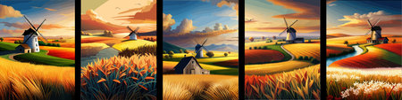 Windmill farm. Wheat field. Agriculture. Flour grinding mechanism. Windmill. Rural Dutch landscape with windmill and wheat field. Vertical format.の写真素材