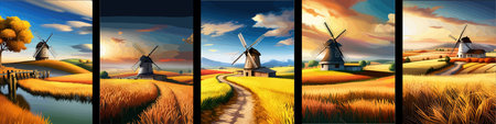 Windmill farm. Wheat field. Agriculture. Flour grinding mechanism. Windmill. Rural Dutch landscape with windmill and wheat field. Vertical format.の写真素材