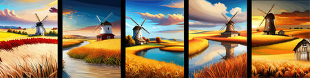 Windmill farm. Wheat field. Agriculture. Flour grinding mechanism. Windmill. Rural Dutch landscape with windmill and wheat field. Vertical format.の写真素材