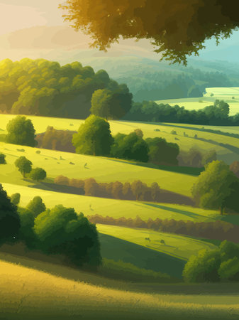 Vector illustration rural landscape with green fields. Vertical poster sunny summer day countryside. beautiful green meadows with coniferous trees. Flat cartoon landscape with nature. spring landscape.のイラスト素材
