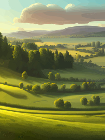 Vector illustration rural landscape with green fields. Vertical poster sunny summer day countryside. beautiful green meadows with coniferous trees. Flat cartoon landscape with nature. spring landscape.のイラスト素材