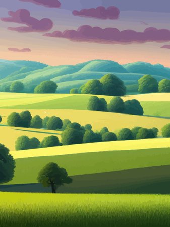 Vector illustration rural landscape with green fields. Vertical poster sunny summer day countryside. beautiful green meadows with coniferous trees. Flat cartoon landscape with nature. spring landscape.のイラスト素材