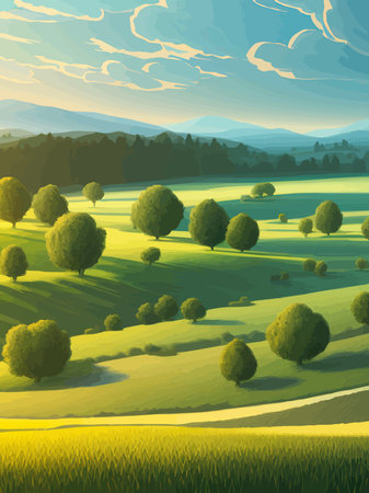 Vector illustration rural landscape with green fields. Vertical poster sunny summer day countryside. beautiful green meadows with coniferous trees. Flat cartoon landscape with nature. spring landscape.のイラスト素材