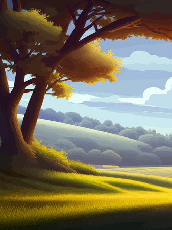 Vector illustration rural landscape with green fields. Vertical poster sunny summer day countryside. beautiful green meadows with coniferous trees. Flat cartoon landscape with nature. spring landscape.のイラスト素材
