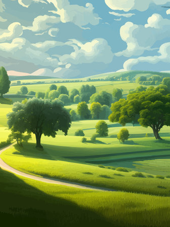 Vector illustration rural landscape with green fields. Vertical poster sunny summer day countryside. beautiful green meadows with coniferous trees. Flat cartoon landscape with nature. spring landscape.のイラスト素材