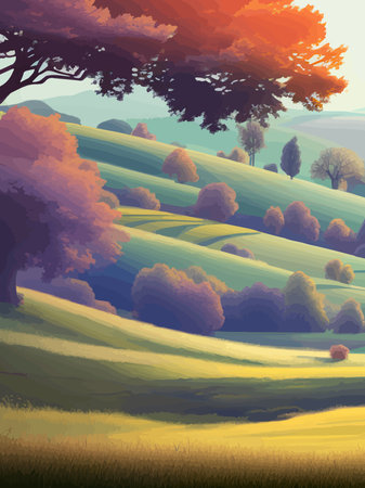 Vector illustration rural landscape with green fields. Vertical poster sunny summer day countryside. beautiful green meadows with coniferous trees. Flat cartoon landscape with nature. spring landscape.のイラスト素材