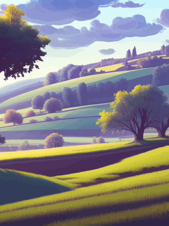 Vector illustration rural landscape with green fields. Vertical poster sunny summer day countryside. beautiful green meadows with coniferous trees. Flat cartoon landscape with nature. spring landscape.のイラスト素材