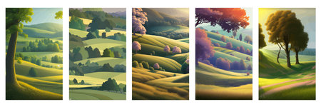 Vector illustration rural landscape with green fields. Vertical poster sunny summer day countryside. beautiful green meadows with coniferous trees. Flat cartoon landscape with nature. spring landscape.の写真素材