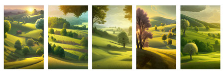 Vector illustration rural landscape with green fields. Vertical poster sunny summer day countryside. beautiful green meadows with coniferous trees. Flat cartoon landscape with nature. spring landscape.の写真素材