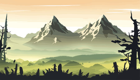 Mountain forests with autumn pines, forest clearing with grassy patches and dreamy cloud cover, beautiful vastのイラスト素材