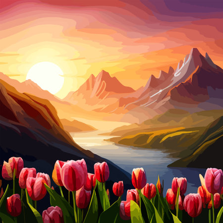 Spring landscape field tulips against backdrop mountains. Huge field colorful tulips, sky with clouds and sunset with sunbeams.の素材
