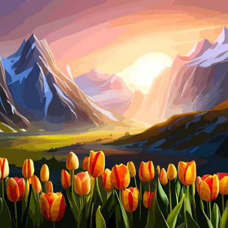 Spring landscape field tulips against backdrop mountains. Huge field colorful tulips, sky with clouds and sunset with sunbeams.のイラスト素材