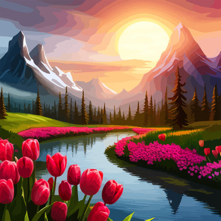 Spring landscape field tulips against backdrop mountains. Huge field colorful tulips, sky with clouds and sunset with sunbeams.のイラスト素材