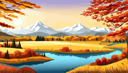 Nature and landscape. Autumn. Rural landscape. Vector design illustration for web design development, natural landscapeのイラスト素材