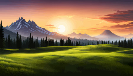Landscape of mountains and green hills. Summer nature landscape with rocks, forest, grass, sun, sky and clouds.のイラスト素材