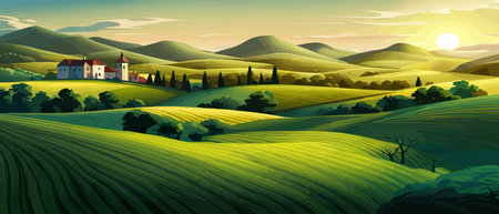 Italy landscape with houses, fields, and trees in the background. Vector illustration. Flat design poster. Europeanのイラスト素材