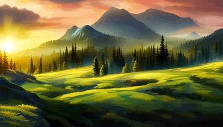 Landscape of mountains and green hills. Summer nature landscape with rocks, forest, grass, sun, sky and clouds.のイラスト素材