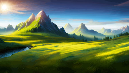 Landscape of mountains and green hills. Summer nature landscape with rocks, forest, grass, sun, sky and clouds.のイラスト素材