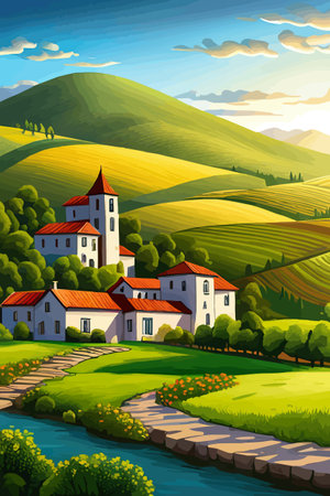 Italy landscape with houses, fields, and trees in the background. Vector illustration. Flat design poster. Europeanのイラスト素材