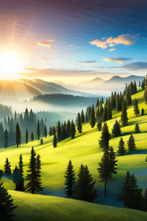 Landscape of mountains and green hills. Summer nature landscape with rocks, forest, grass, sun, sky and clouds.のイラスト素材