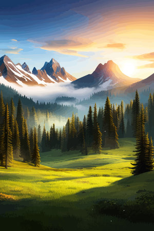 Landscape of mountains and green hills. Summer nature landscape with rocks, forest, grass, sun, sky and clouds.のイラスト素材