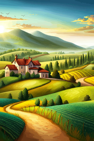 Italy landscape with houses, fields, and trees in the background. Vector illustration. Flat design poster. Europeanのイラスト素材