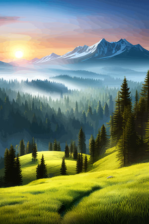 Landscape of mountains and green hills. Summer nature landscape with rocks, forest, grass, sun, sky and clouds.のイラスト素材