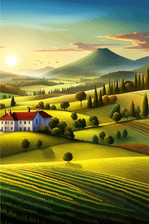 Italy landscape with houses, fields, and trees in the background. Vector illustration. Flat design poster. Europeanのイラスト素材