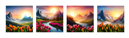 Spring landscape field tulips against backdrop mountains. Huge field colorful tulips, sky with clouds and sunset with sunbeams.のイラスト素材