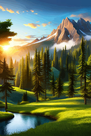Landscape of mountains and green hills. Summer nature landscape with rocks, forest, grass, sun, sky and clouds.のイラスト素材