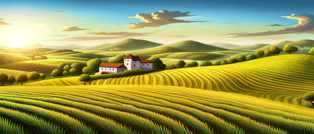 Italy landscape with houses, fields, and trees in the background. Vector illustration. Flat design poster. Europeanのイラスト素材