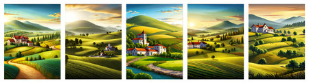 Italy landscape with houses, fields, and trees in the background. Vector illustration. Flat design poster. Europeanの写真素材