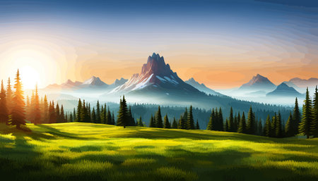 Landscape of mountains and green hills. Summer nature landscape with rocks, forest, grass, sun, sky and clouds.のイラスト素材