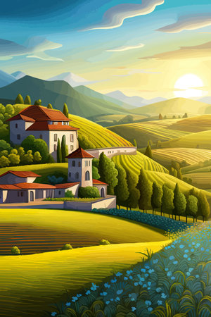 Italy landscape with houses, fields, and trees in the background. Vector illustration. Flat design poster. Europeanのイラスト素材