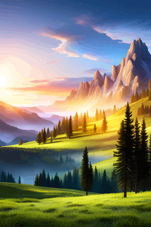 Landscape of mountains and green hills. Summer nature landscape with rocks, forest, grass, sun, sky and clouds.のイラスト素材
