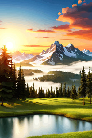 Landscape of mountains and green hills. Summer nature landscape with rocks, forest, grass, sun, sky and clouds.のイラスト素材
