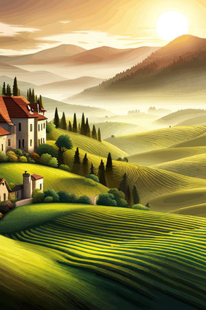 Italy landscape with houses, fields, and trees in the background. Vector illustration. Flat design poster. Europeanのイラスト素材
