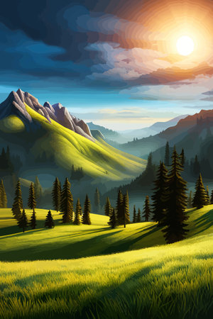 Landscape of mountains and green hills. Summer nature landscape with rocks, forest, grass, sun, sky and clouds.のイラスト素材