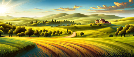 Italy landscape with houses, fields, and trees in the background. Vector illustration. Flat design poster. Europeanのイラスト素材