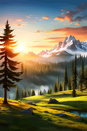 Landscape of mountains and green hills. Summer nature landscape with rocks, forest, grass, sun, sky and clouds.のイラスト素材