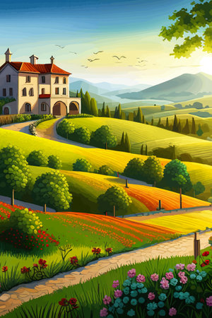 Italy landscape with houses, fields, and trees in the background. Vector illustration. Flat design poster. Europeanのイラスト素材