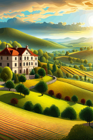 Italy landscape with houses, fields, and trees in the background. Vector illustration. Flat design poster. Europeanのイラスト素材