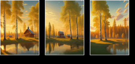 illustration Autumn landscape golden alley park -modern art impressionism abstract landscape, Russian ruralの写真素材