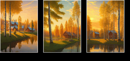 illustration Autumn landscape golden alley park -modern art impressionism abstract landscape, Russian ruralの写真素材