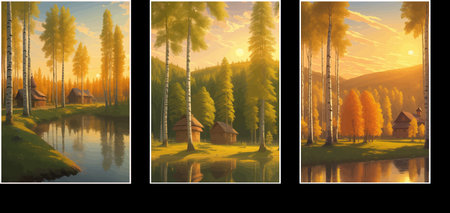 illustration Autumn landscape golden alley park -modern art impressionism abstract landscape, Russian ruralの写真素材