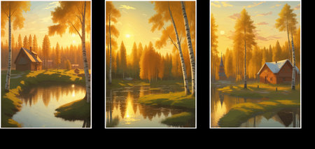 illustration Autumn landscape golden alley park -modern art impressionism abstract landscape, Russian ruralの写真素材