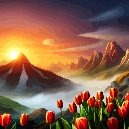 Spring landscape field tulips against backdrop mountains. Huge field colorful tulips, sky with clouds and sunset with sunbeams.のイラスト素材
