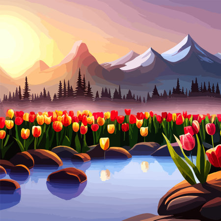 Spring landscape field tulips against backdrop mountains. Huge field colorful tulips, sky with clouds and sunset with sunbeams.の素材